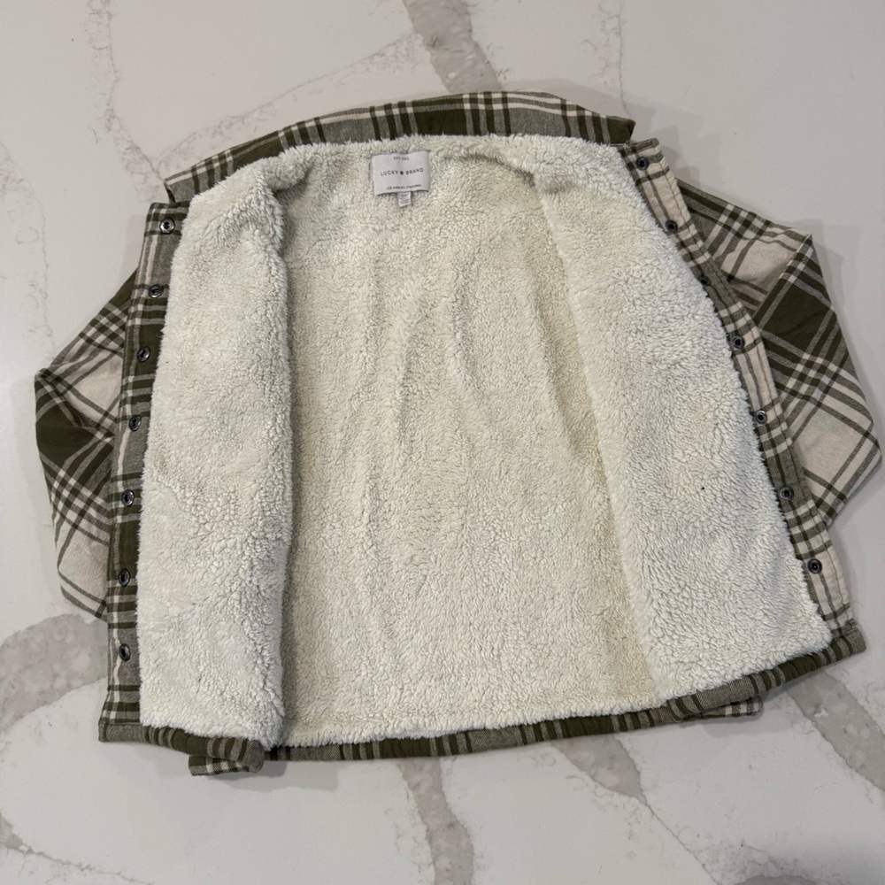 Lucky Brand Plaid Sherpa Flannel Shirt Jacket Womens Small Sage Green SnapButton - Picture 4 of 7